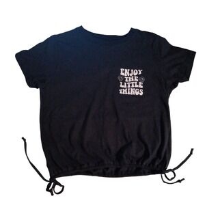 ON FIRE Black Graphic Tee Enjoy The Little Things Smiley Face Crop Top M Juniors